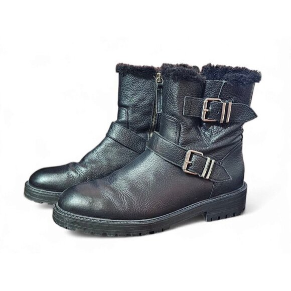 Zara Basic black leather moto combat boots zipper shearling lined EU41 US10 - Picture 1 of 16